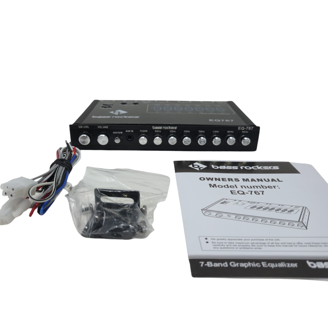 EQ767 7-Band Parametric Equalizer for Car Audio, High Voltage 7V Output, Hi-Lo Input, AUX Input, Sub Bass Control, Red/Blue LED, 25Hz–50kHz