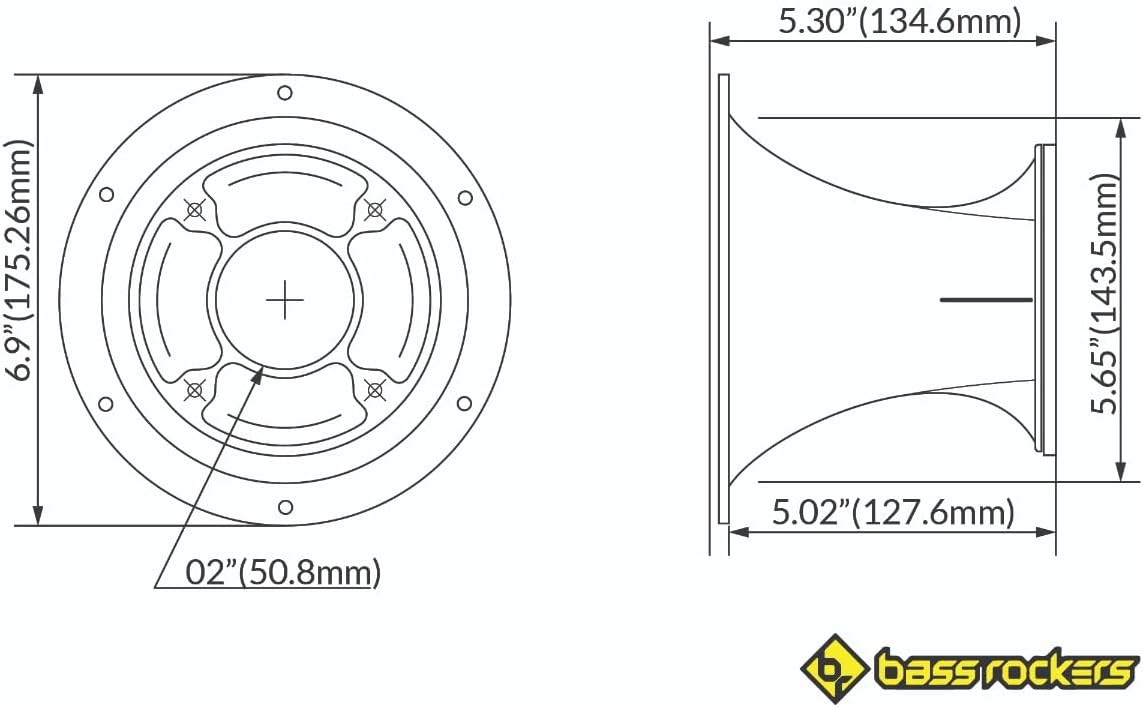 Bass Rockers 2” Throat 5.65” Exit Colourful Horn Wave Guide UV Resistant Chrome Finish for Bolt on Compression Driver 5.3” Height (2 Pack)