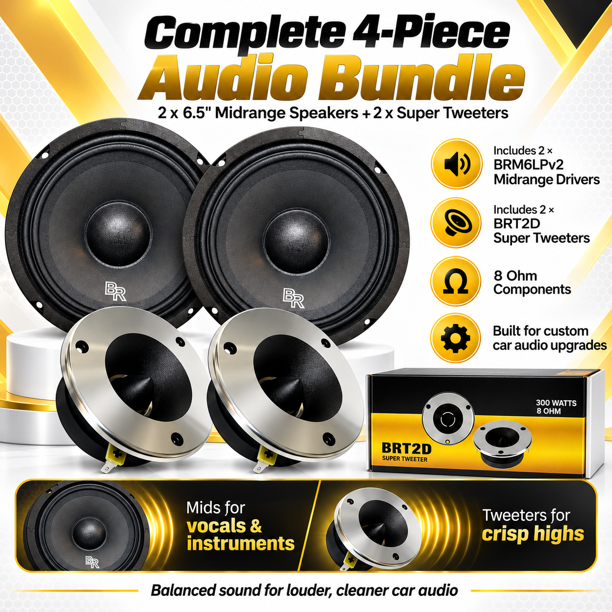 Bass Rockers 2X 6.5 300W Midrange Speakers + 2X 300W Super Tweeters