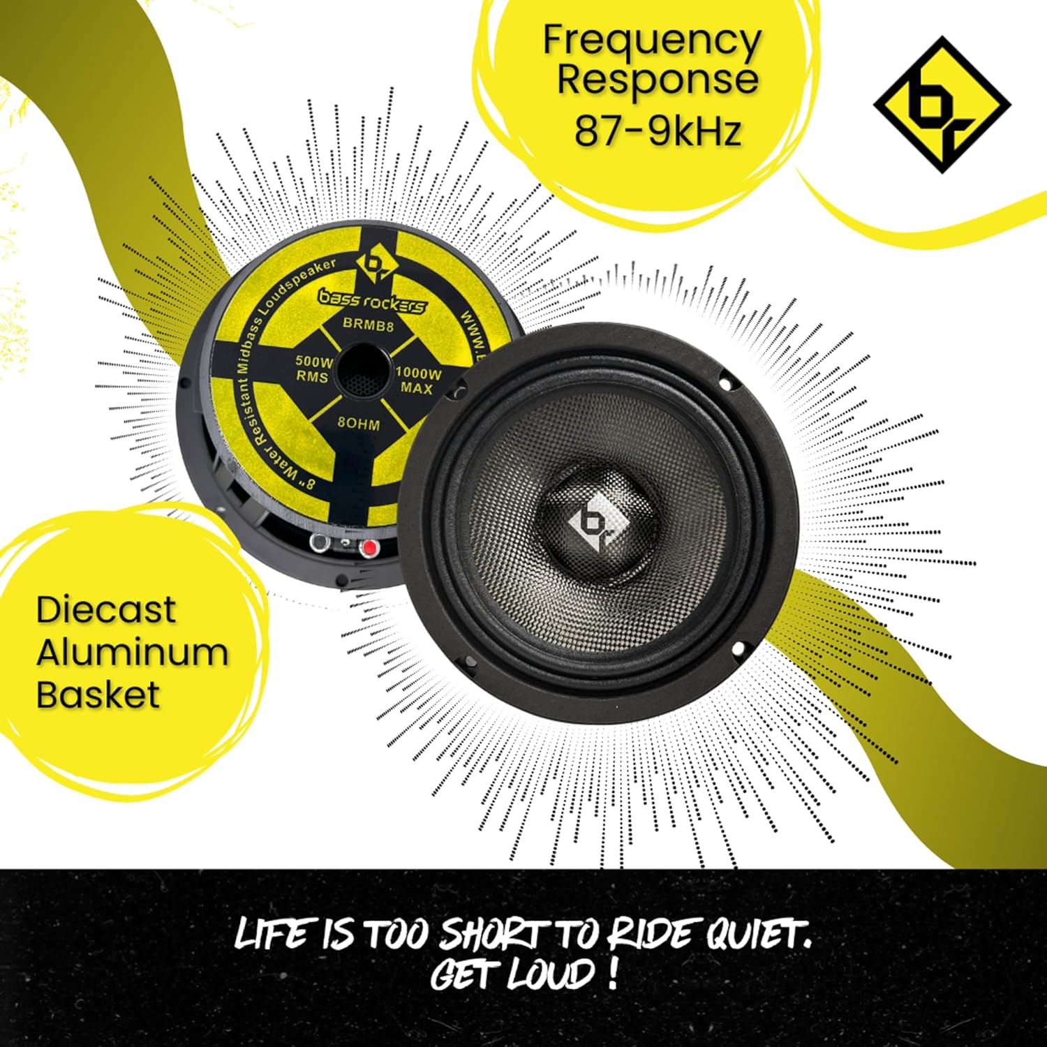 Bass Rockers BRMB8 8" Mid bass Carbon Fiber Water Resistent Loud Speaker 8Ohm 500Watts RMS/1000Watts Max for Car Audio Home DJ Pro Audio ATV UTV Slingshot CanAm Boats Bikes RV Etc (BRMB8)