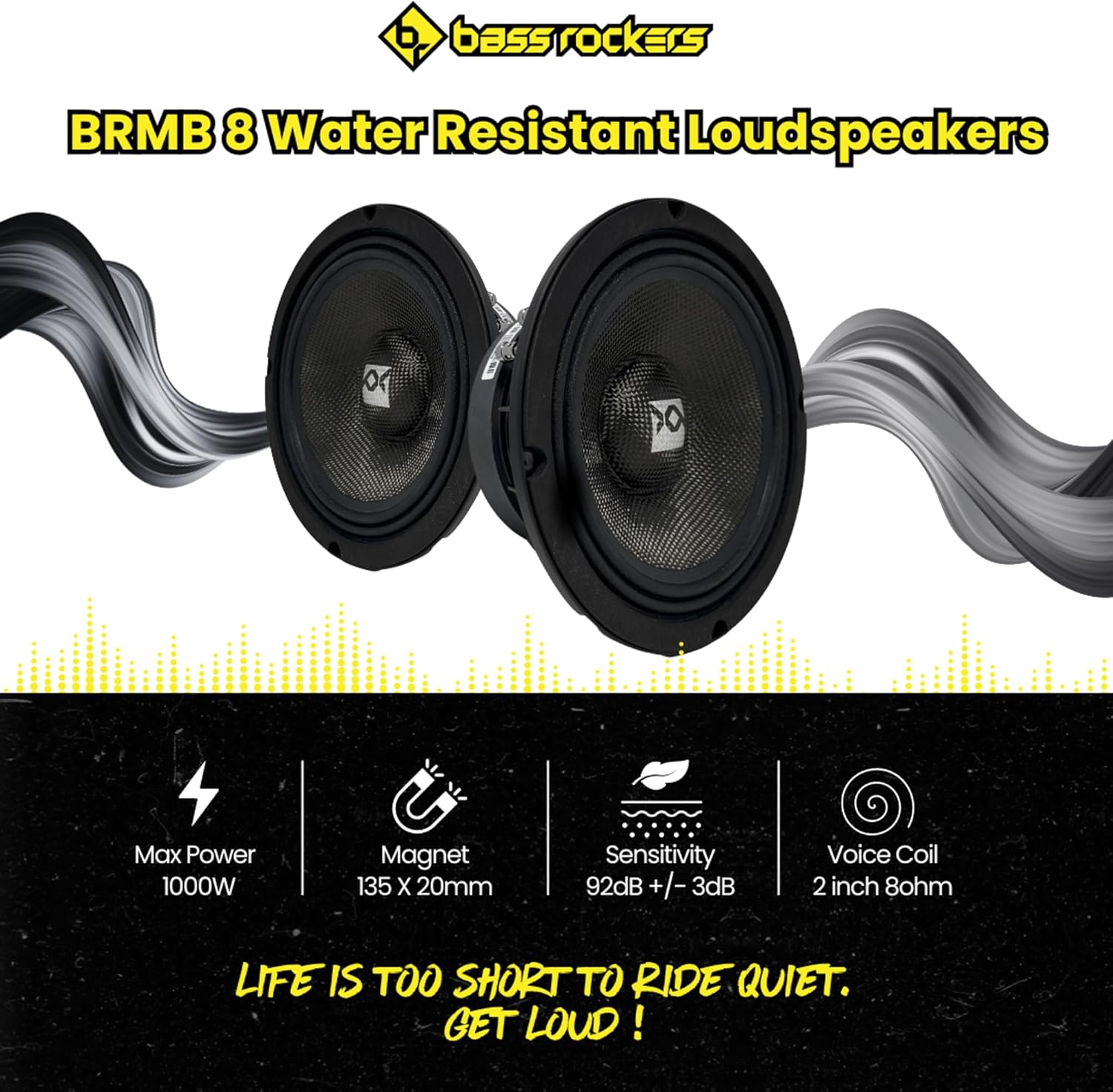 Bass Rockers BRMB8 8" Mid bass Carbon Fiber Water Resistent Loud Speaker 8Ohm 500Watts RMS/1000Watts Max for Car Audio Home DJ Pro Audio ATV UTV Slingshot CanAm Boats Bikes RV Etc (BRMB8)