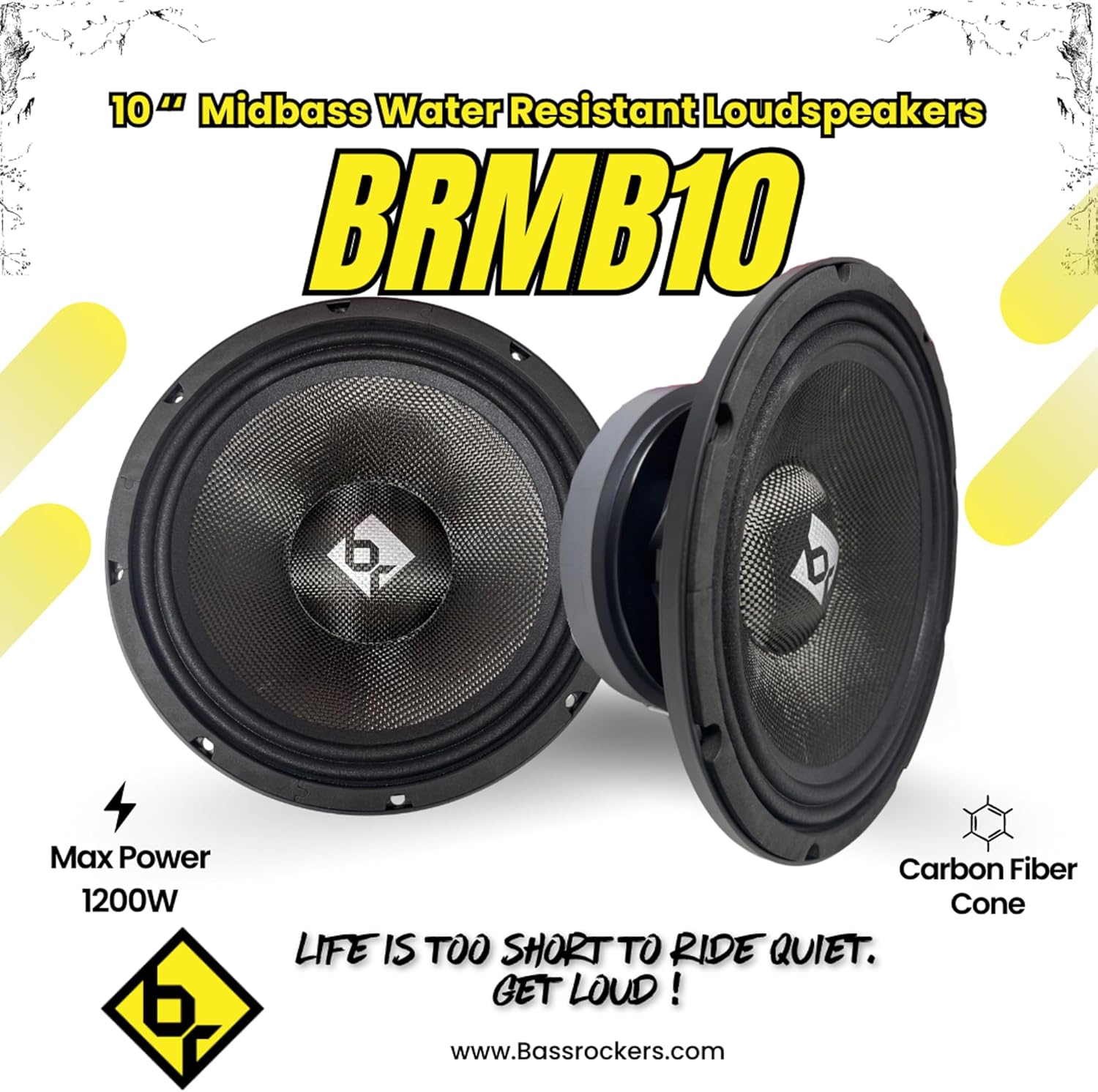 BassRockers 10-Inch Water-Resistant Midbass Car Speaker 600W RMS / 1200W Max – Carbon Fiber Cone, 2.5” Voice Coil, Die-Cast Aluminum Basket, 8 Ohm High-Sensitivity 95dB Midrange/Midbass Loudspeaker – 82Hz–4.5kHz High Output Audio Driver (Single)