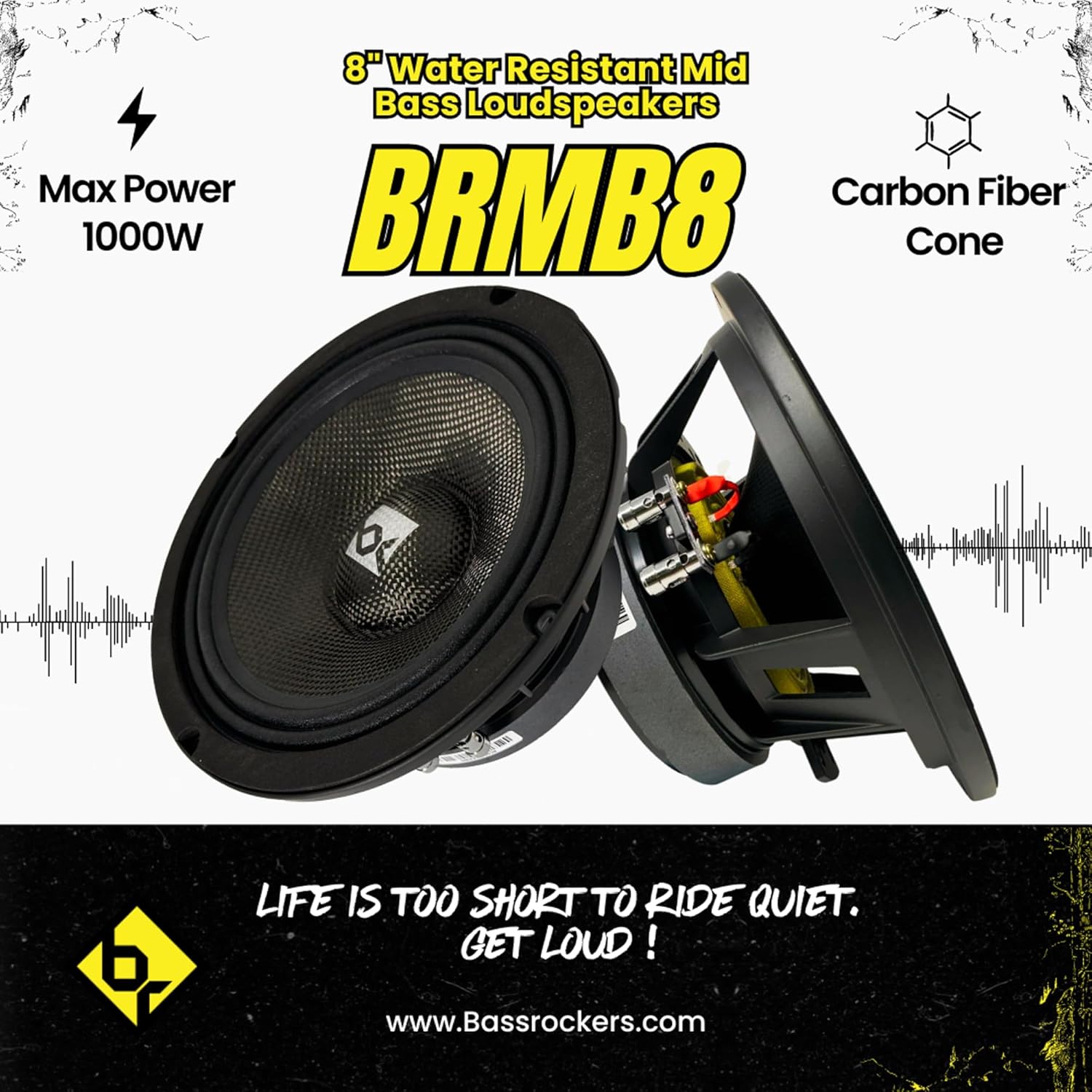 Bass Rockers BRMB8 8" Mid bass Carbon Fiber Water Resistent Loud Speaker 8Ohm 500Watts RMS/1000Watts Max for Car Audio Home DJ Pro Audio ATV UTV Slingshot CanAm Boats Bikes RV Etc (BRMB8)