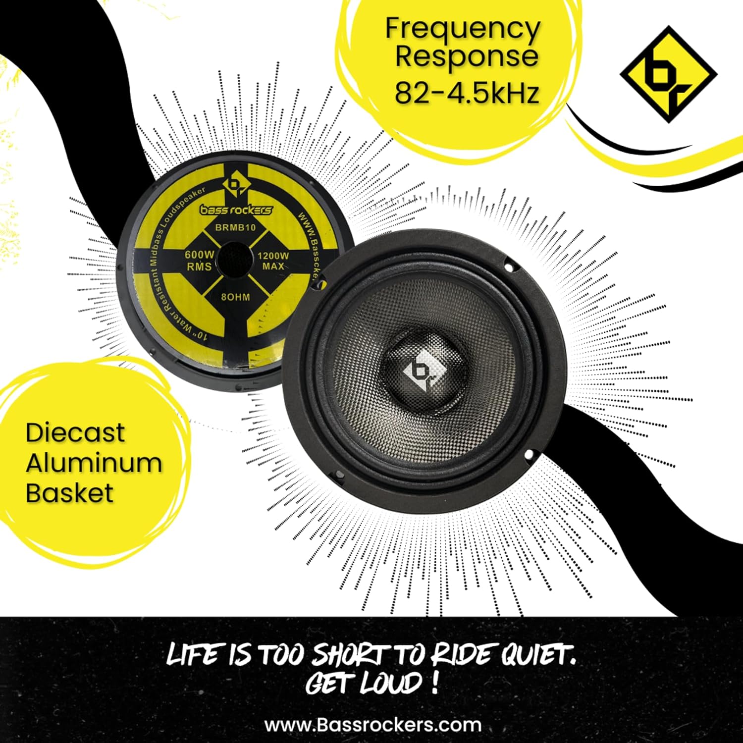 BassRockers 10-Inch Water-Resistant Midbass Car Speaker 600W RMS / 1200W Max – Carbon Fiber Cone, 2.5” Voice Coil, Die-Cast Aluminum Basket, 8 Ohm High-Sensitivity 95dB Midrange/Midbass Loudspeaker – 82Hz–4.5kHz High Output Audio Driver (Single)