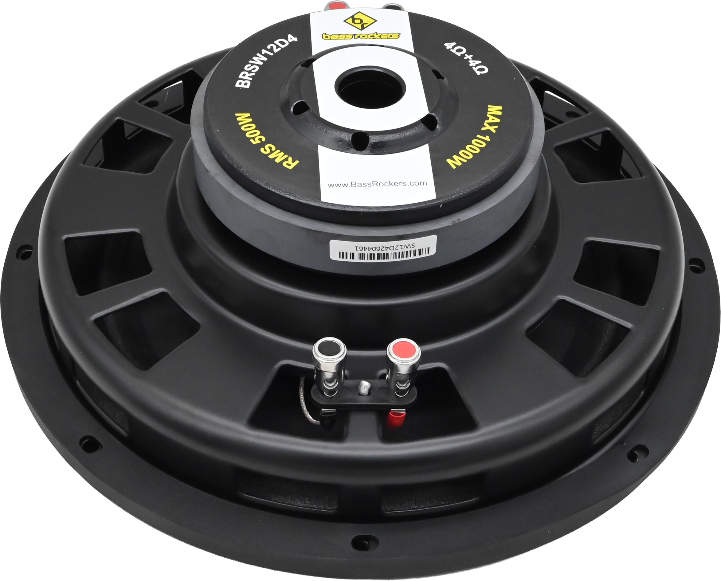 Bass Rockers BRSW12D4 12" Heavy Duty Car Subwoofer Dual 4Ω DVC (4+4), 500W RMS, 88dB, 50Hz–500Hz, 50mm Coil, Steel Basket, Ferrite Magnet, Sealed/Ported Ready