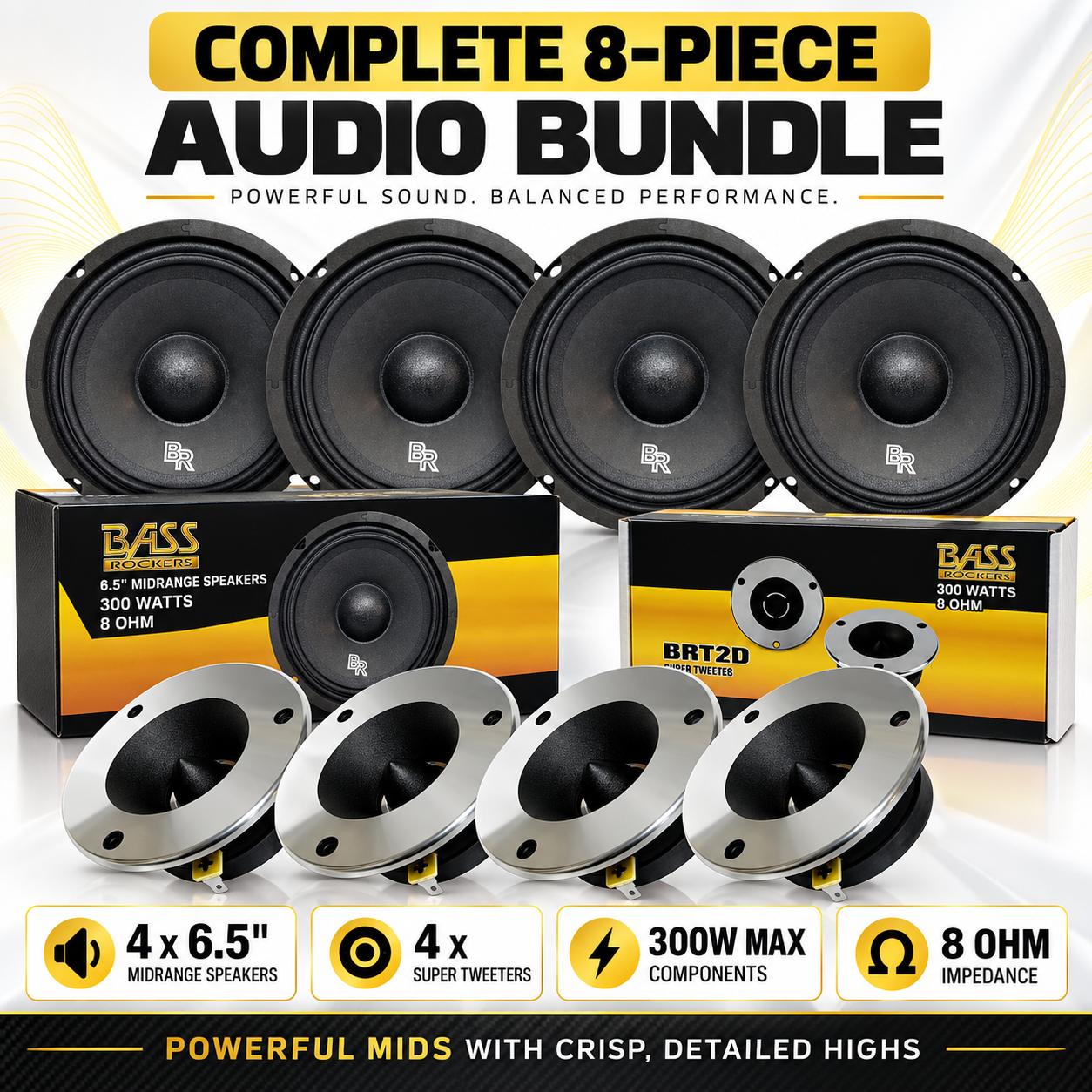Bass Rockers 4X 6.5 300W Midrange Speakers + 4X 300W Super Tweeters