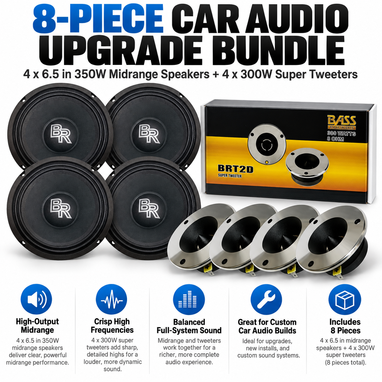 Bass Rockers 4X 6.5in 350W Midrange Speakers + 2X 300W Super Tweeters